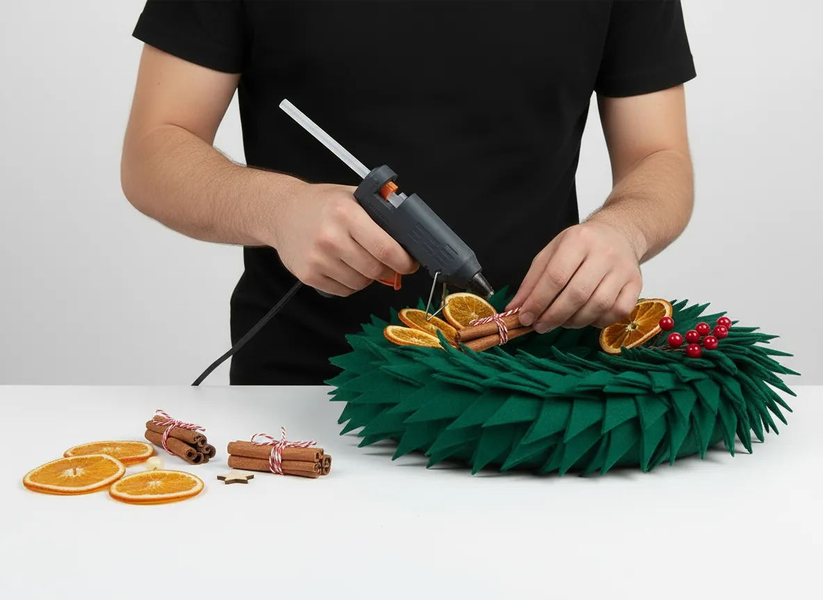 Gluing dried orange slices, cinnamon sticks and red berries onto the green fabric wreath